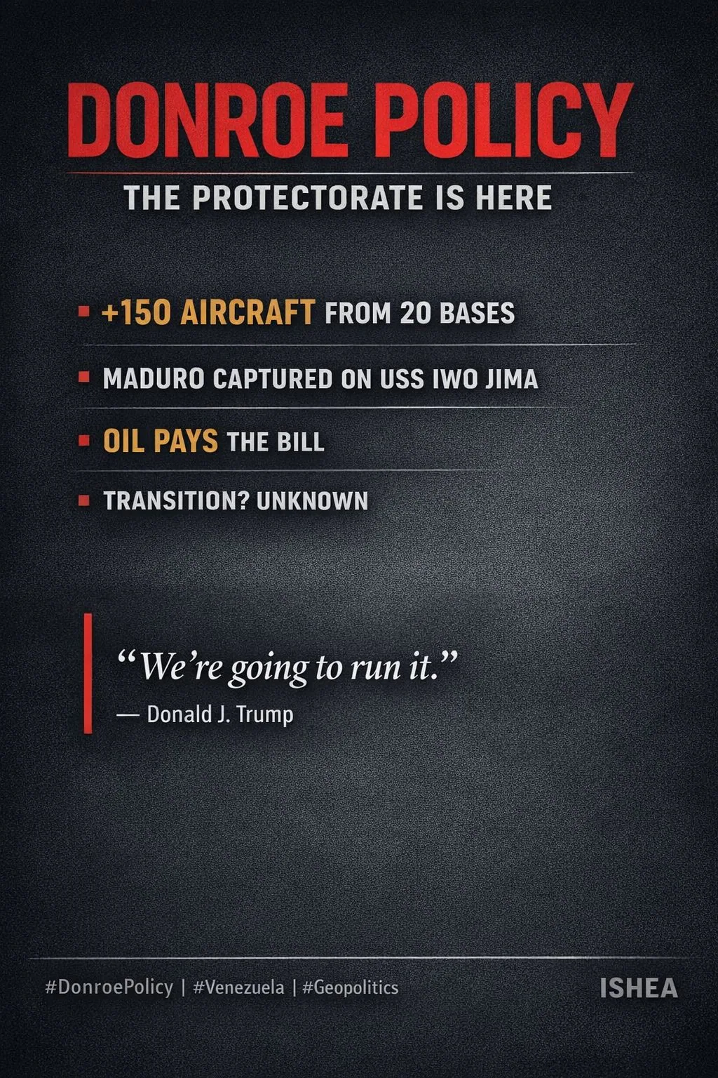 Figure 1 — Donroe Policy: The Protectorate Is Here