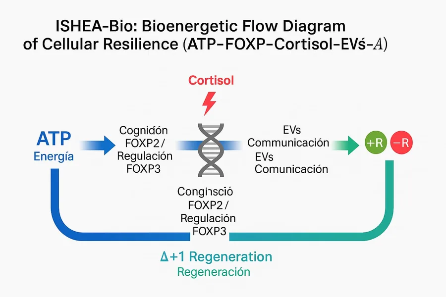 ISHEA-Bio: flusso bioenergetico della resilienza cellulare (ATP–FOXP–cortisol–EVs)